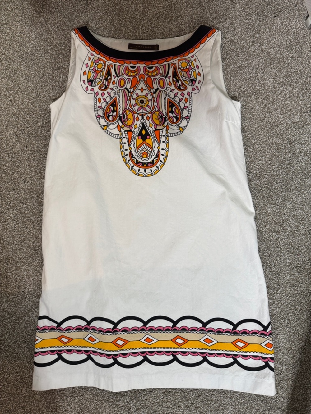 Zara White Sleeveless Dress with Orange, Pink & Yellow Embroidered-Style Print